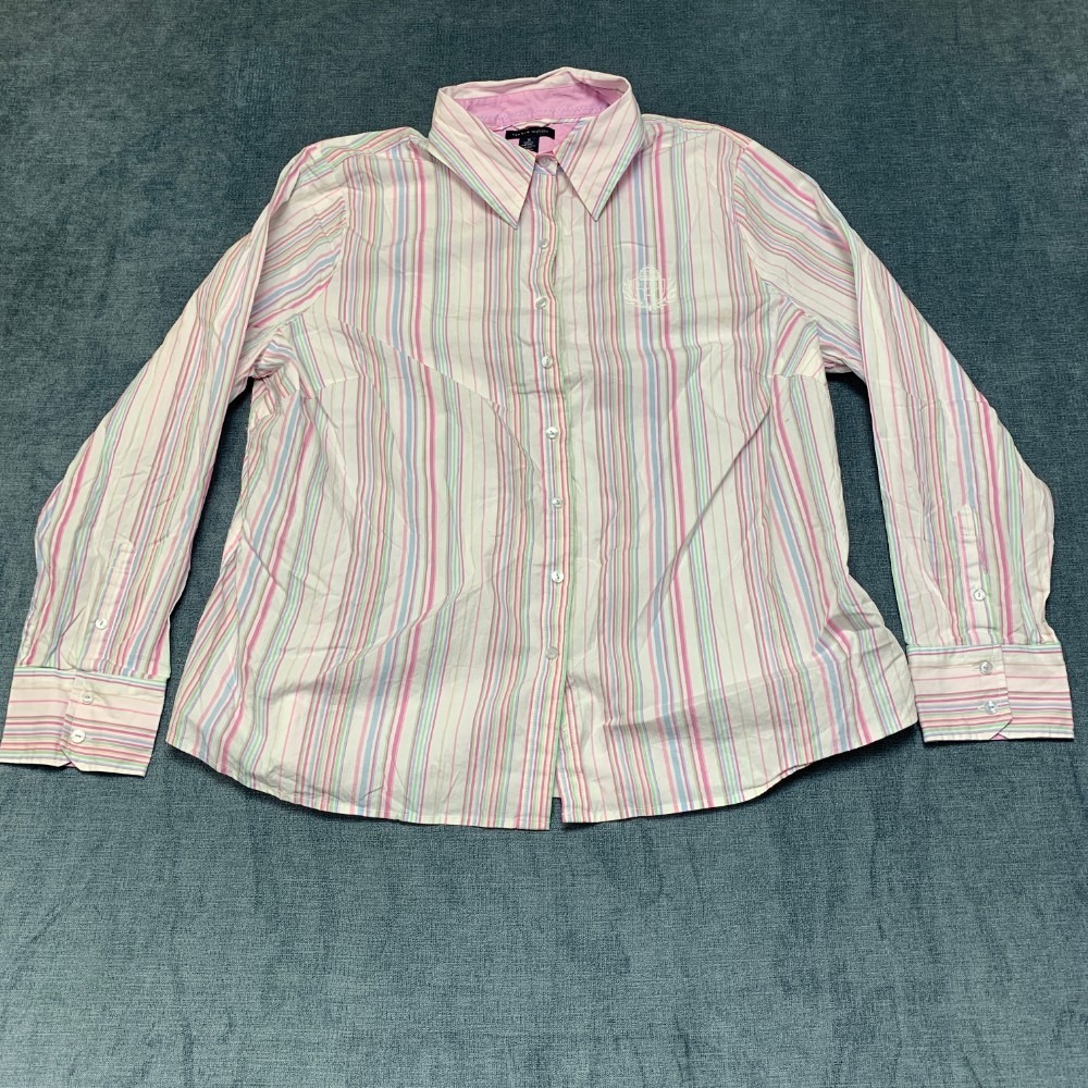 Tommy Hilfiger Shirt Boys 16 Multicolor Striped Stretch Streetwear Button Up